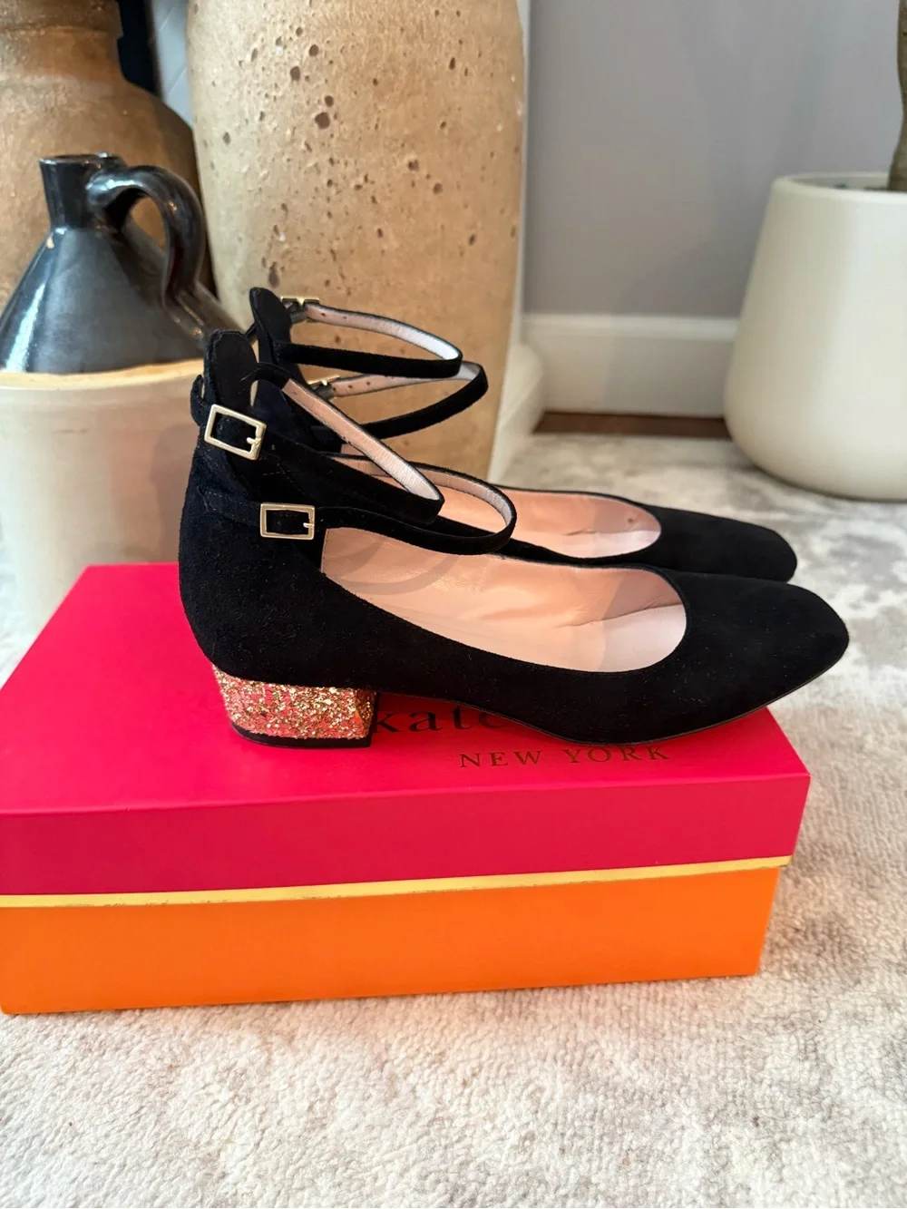 Kate Spade Marcellina Black Suede Ankle-Strap Block Heel with Gold Glitter